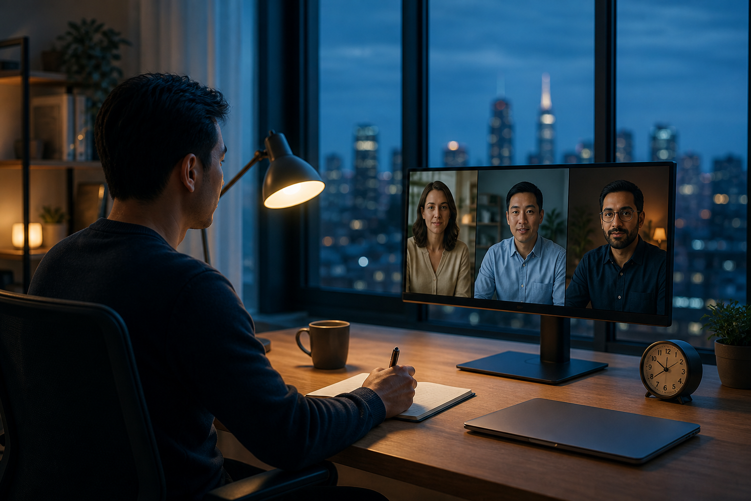 A professional joining an international video meeting from a calm evening workspace