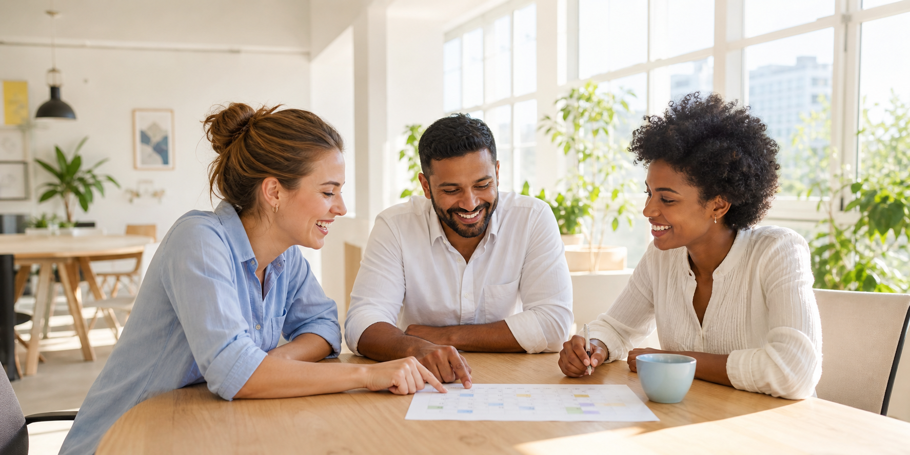 Three coworkers planning meeting times together in a sunlit office