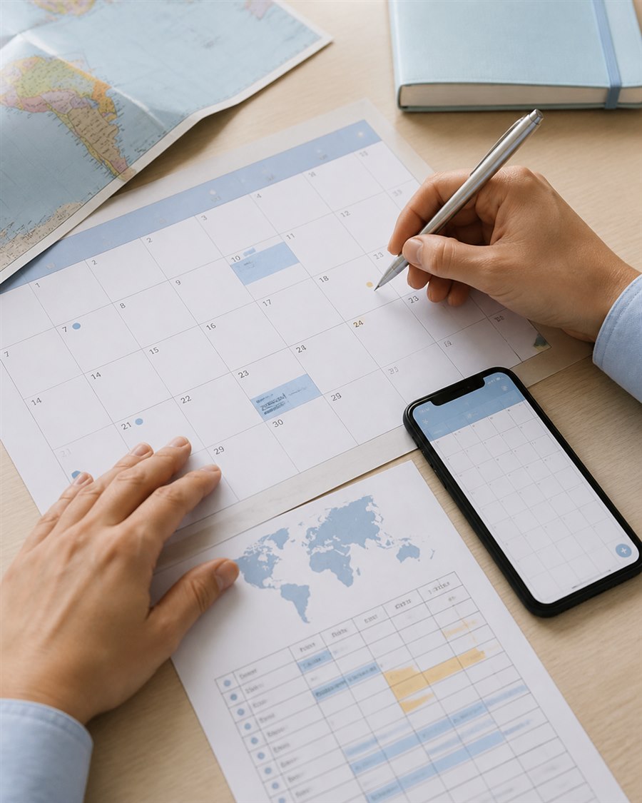 A calendar and timezone plan being checked before an international meeting