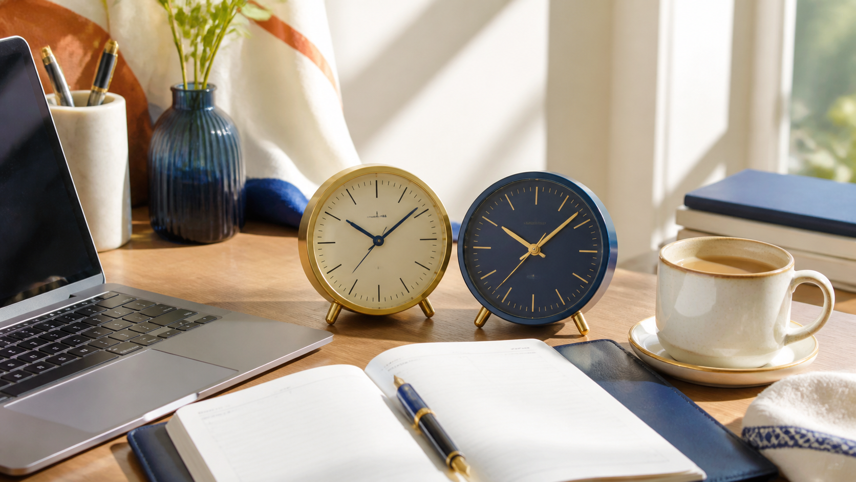 Laptop, two clocks, coffee and planner for an India and UK call