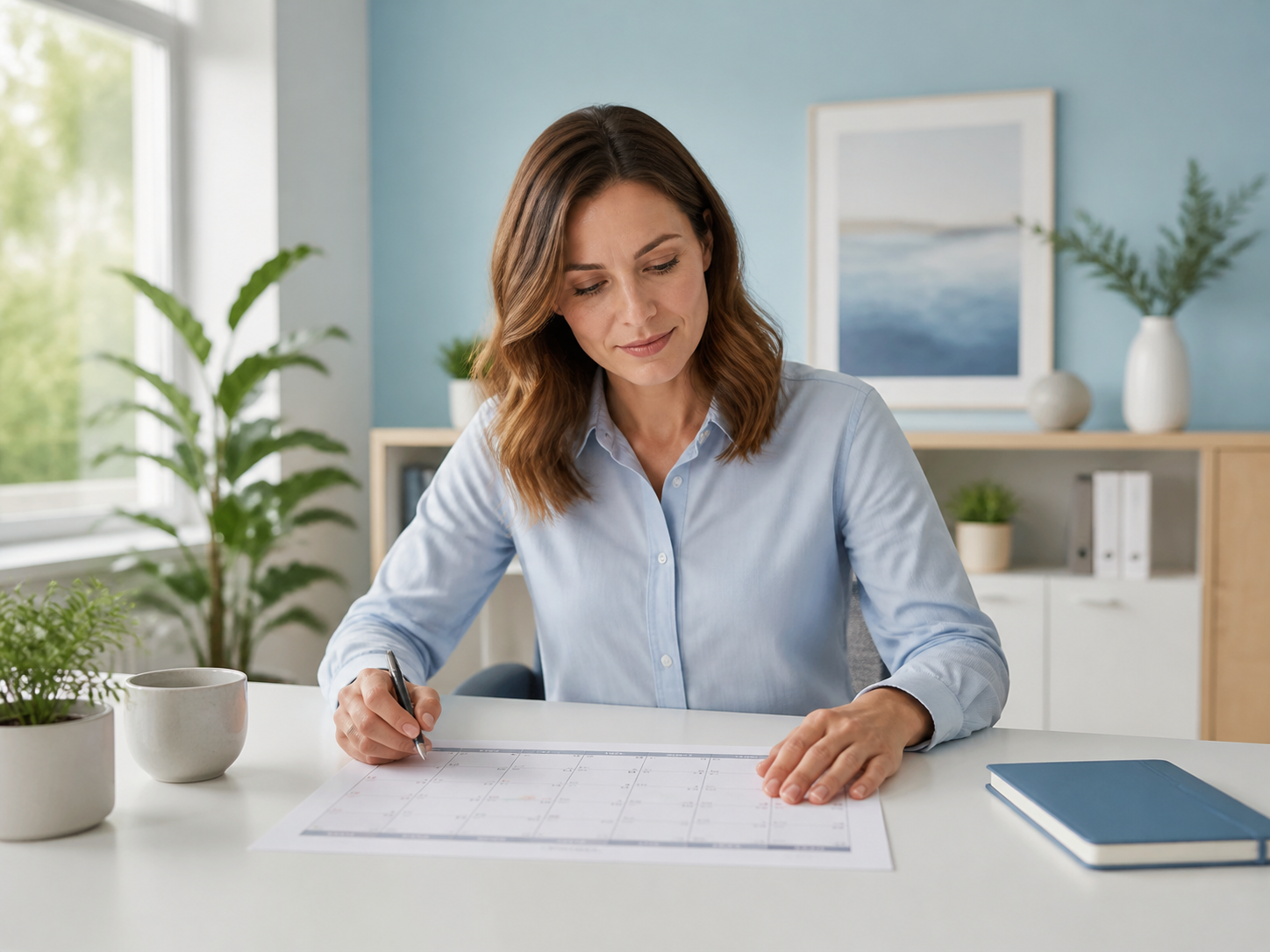 A professional reviewing a calendar before scheduling a meeting