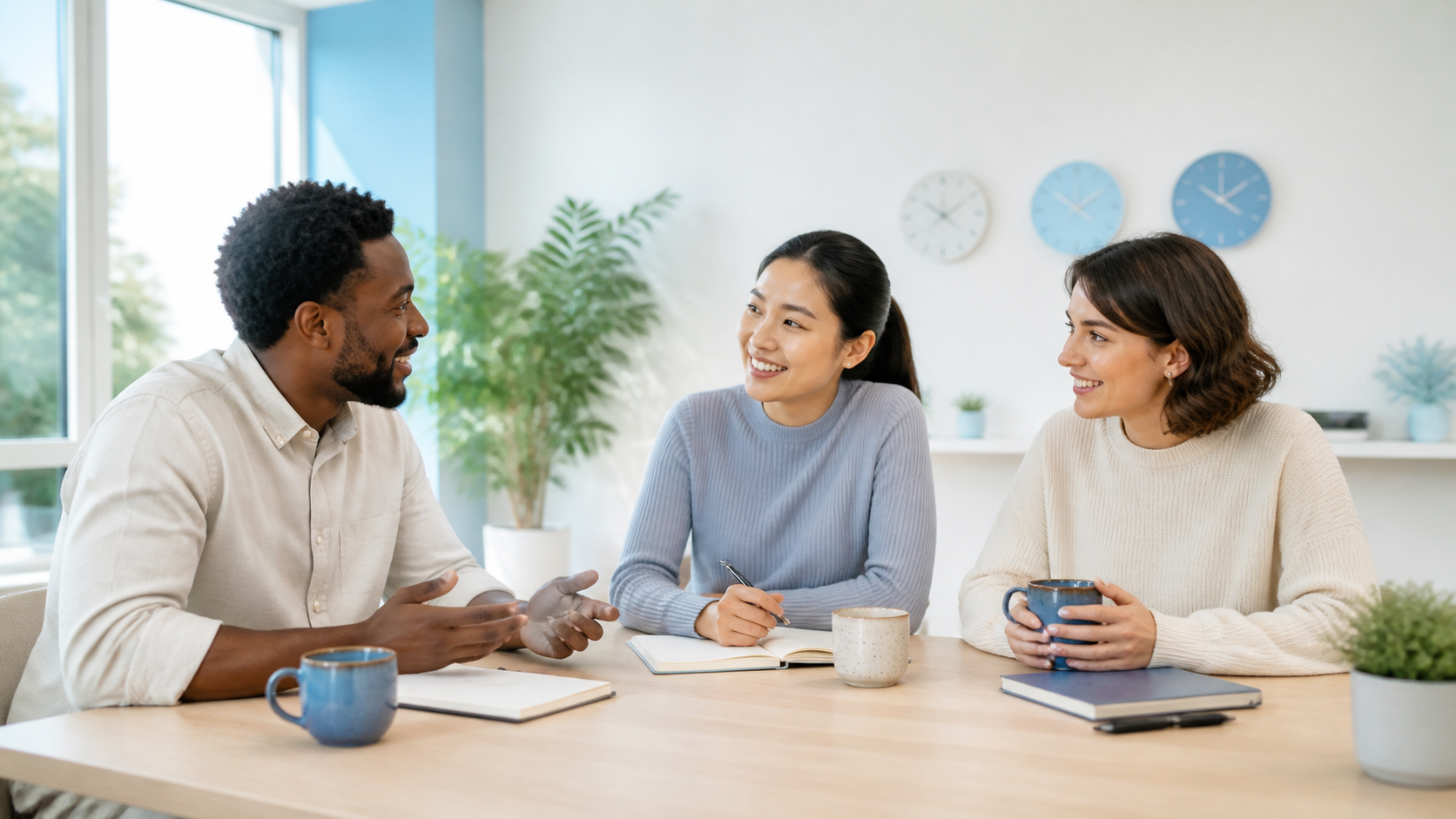 Coworkers having a relaxed planning conversation in a bright office