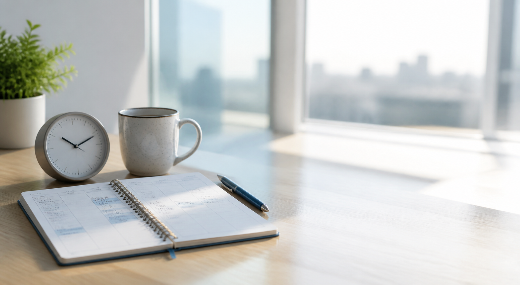 A sunlit desk with a planner, clock, coffee, and pen
