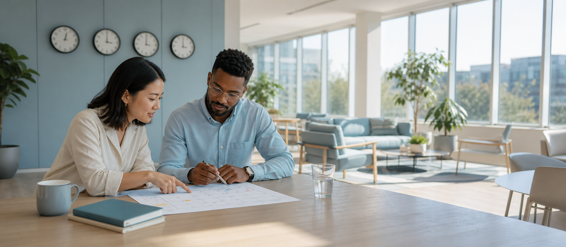 Coworkers reviewing a meeting calendar in a bright office