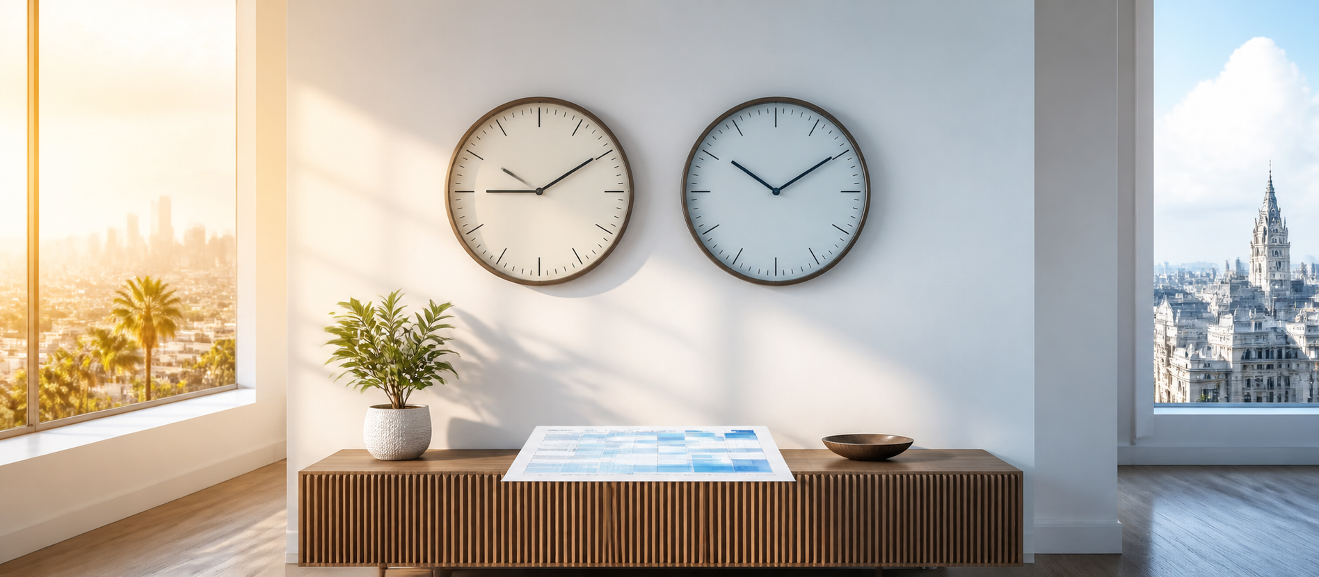 Two office clocks set above a shared schedule