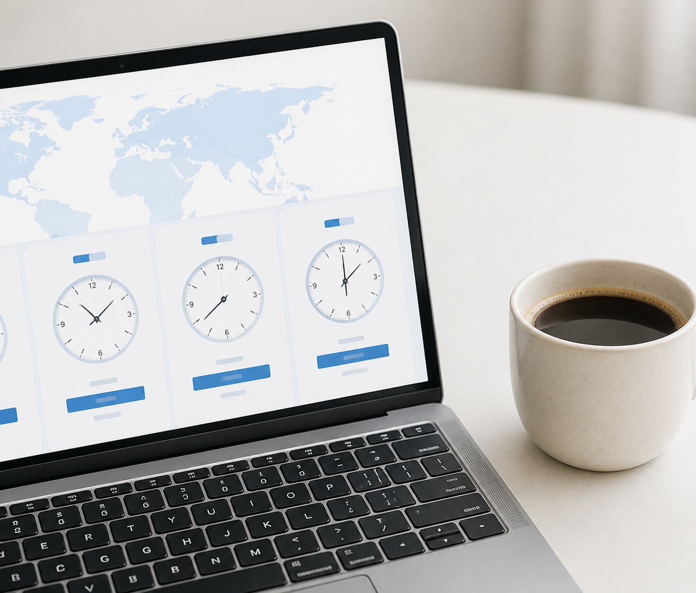Laptop with world-time tools beside a cup of coffee
