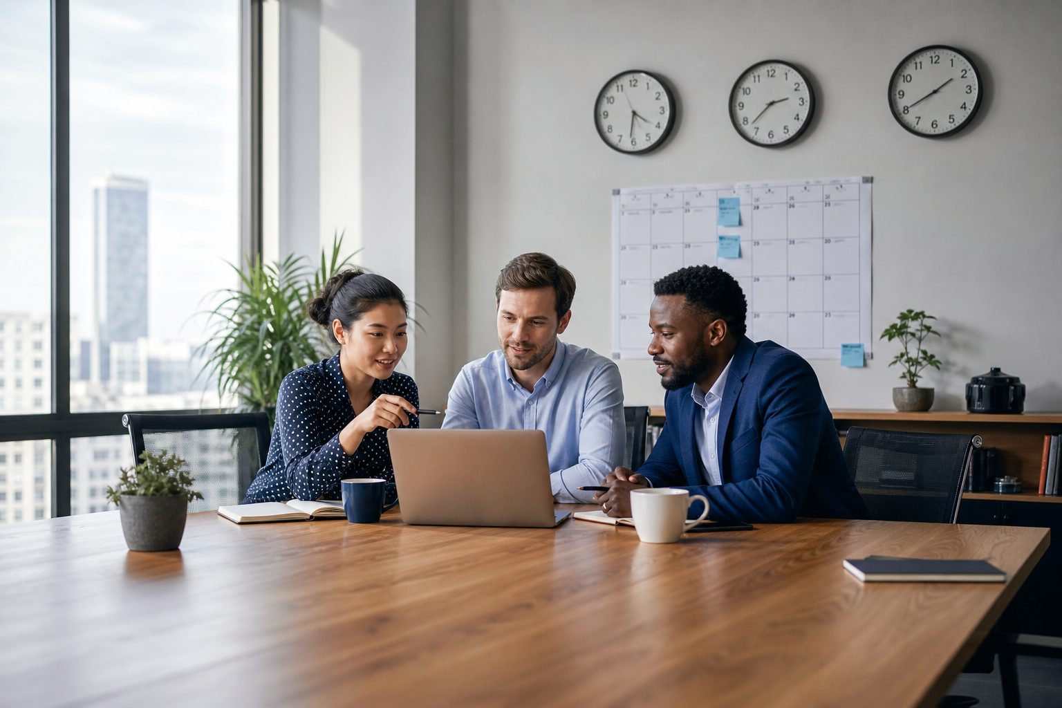 International coworkers planning meeting times around a laptop